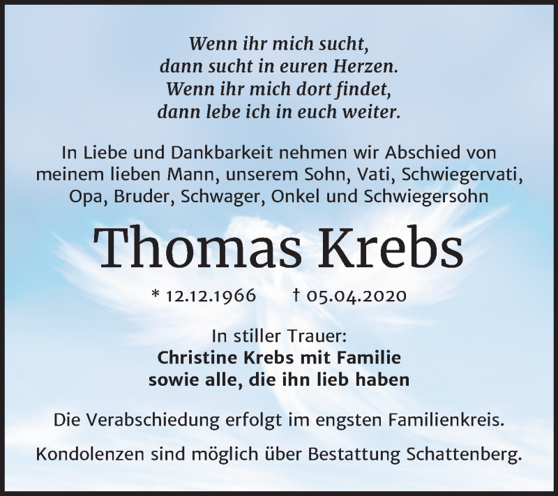 Traueranzeigen Von Thomas Krebs Abschied Nehmen De