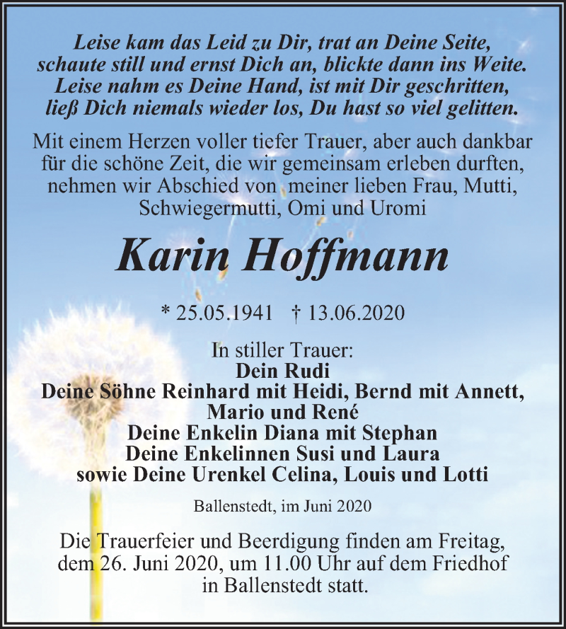 Traueranzeigen Von Karin Hoffmann Abschied Nehmen De