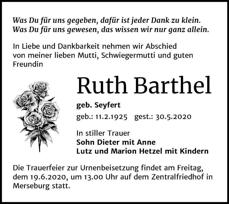 Traueranzeigen Von Ruth Barthel Abschied Nehmen De