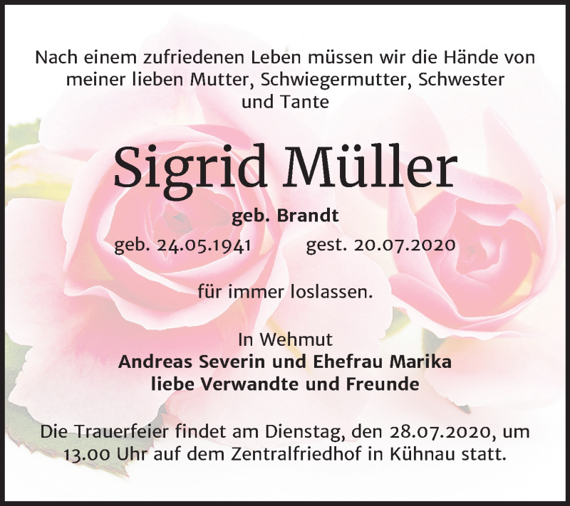 Traueranzeigen Von Sigrid M Ller Abschied Nehmen De