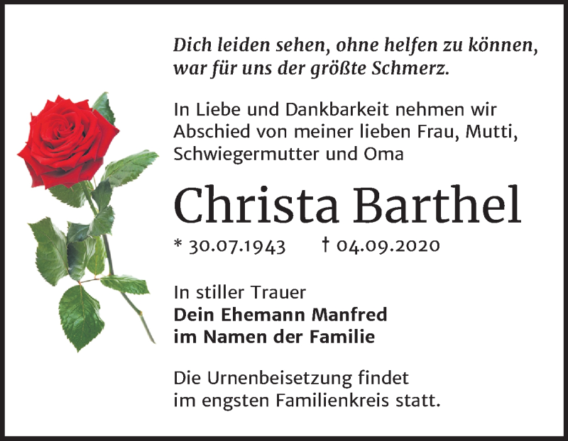 Traueranzeigen Von Christa Barthel Abschied Nehmen De