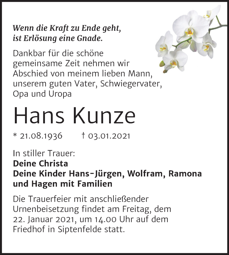 Traueranzeigen Von Hans Kunze Abschied Nehmen De