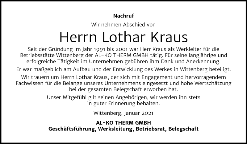 Traueranzeigen Von Lothar Kraus Abschied Nehmen De