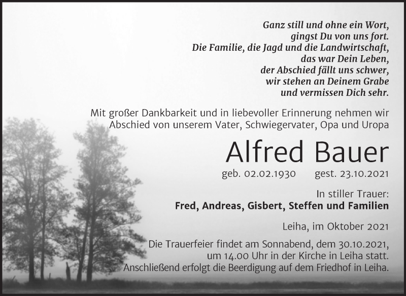 Traueranzeigen Von Alfred Bauer Abschied Nehmen De