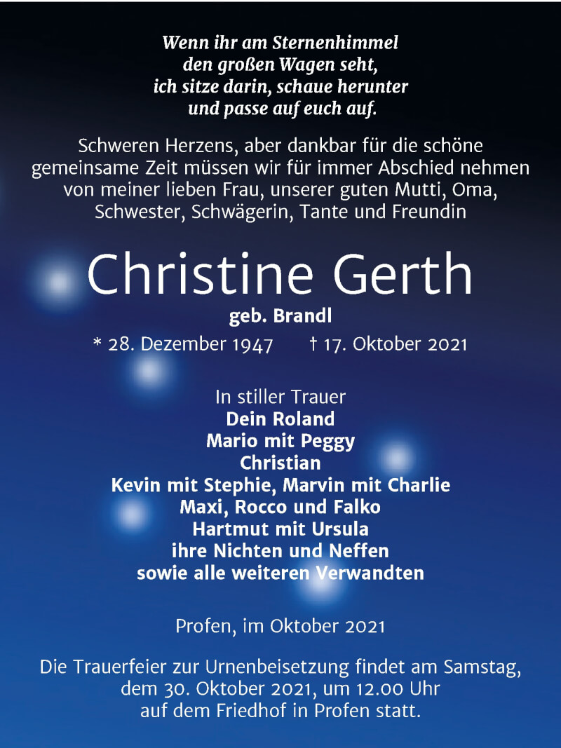 Traueranzeigen Von Christine Gerth Abschied Nehmen De