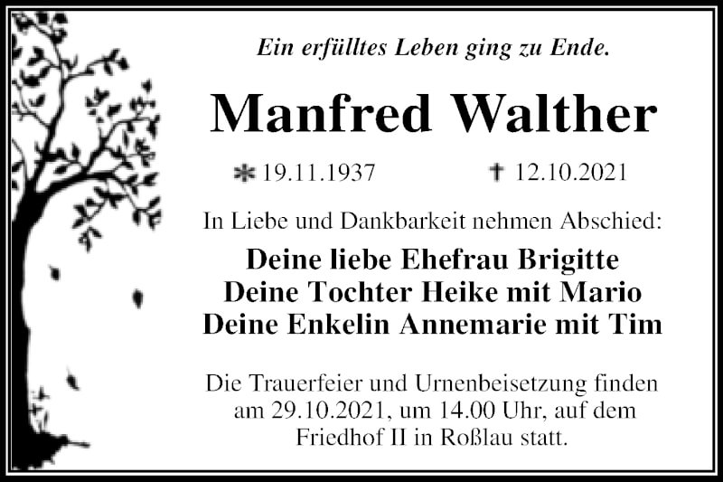 Traueranzeigen Von Manfred Walther Abschied Nehmen De