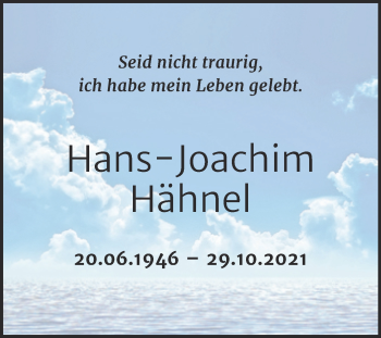 Traueranzeigen von Hans Joachim Hähnel abschied nehmen de