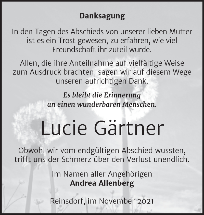 Traueranzeigen von Lucie Gärtner abschied nehmen de