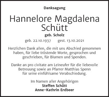 Traueranzeigen von Hannelore Magdalena Schütt abschied nehmen de