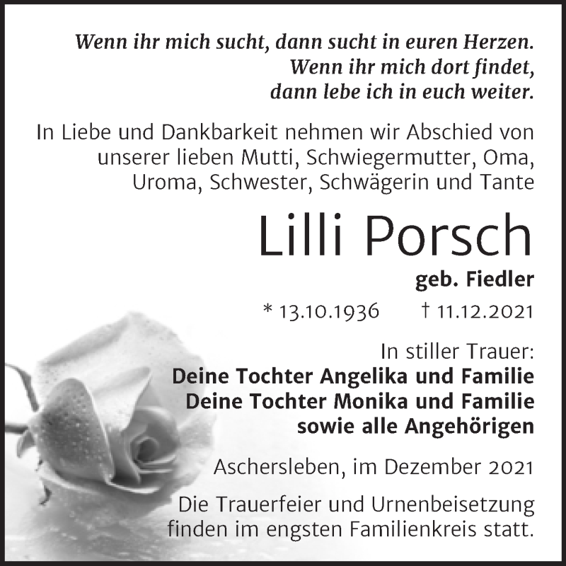 Traueranzeigen Von Lilli Porsch Abschied Nehmen De