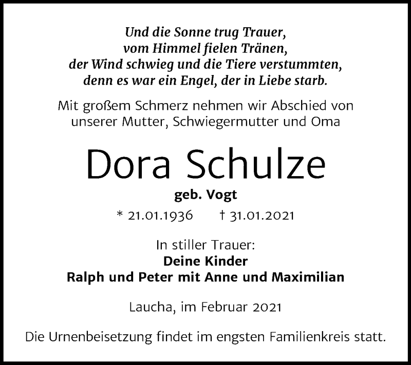 Traueranzeigen Von Dora Schulze Abschied Nehmen De