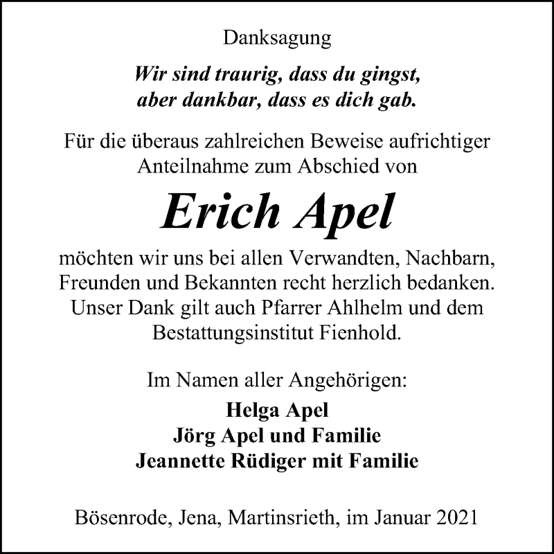 Traueranzeigen Von Erich Apel Abschied Nehmen De