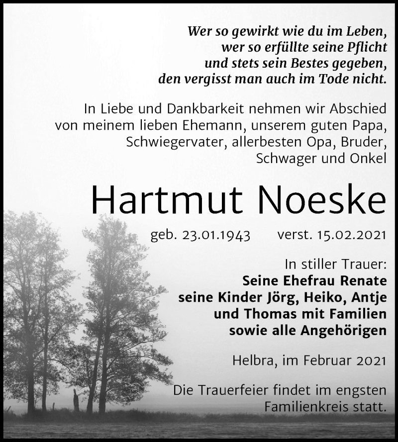 Traueranzeigen Von Hartmut Noeske Abschied Nehmen De