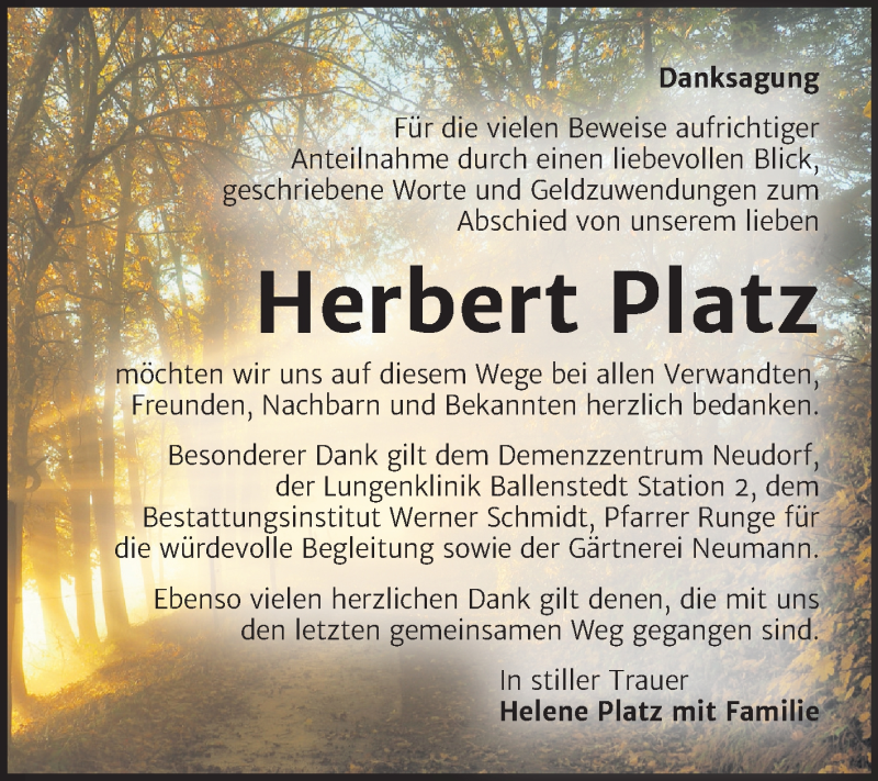 Traueranzeigen Von Herbert Platz Abschied Nehmen De