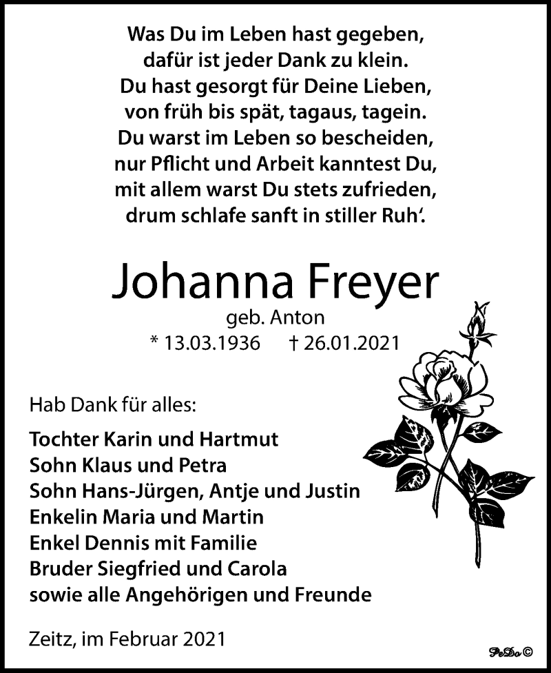 Traueranzeigen Von Johanna Freyer Abschied Nehmen De