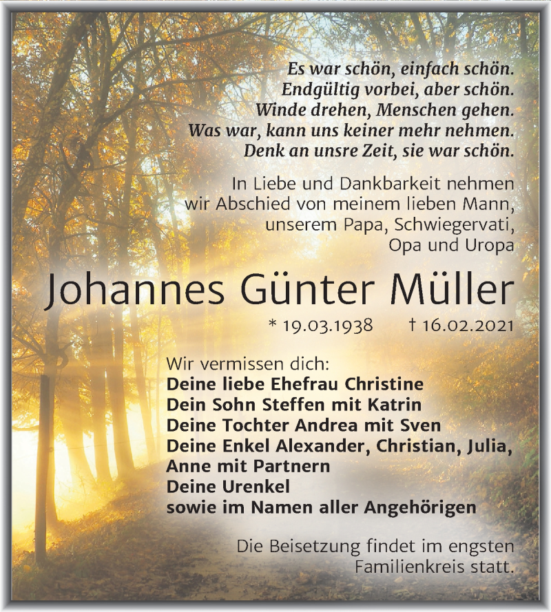 Traueranzeigen Von Johannes G Nter M Ller Abschied Nehmen De