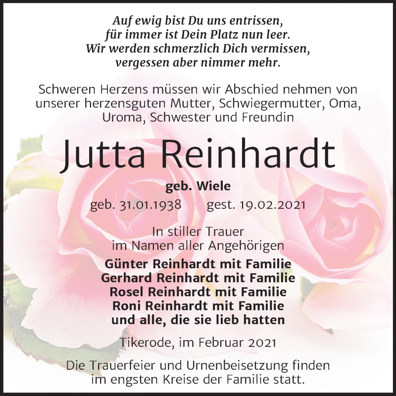 Traueranzeigen Von Jutta Reinhardt Abschied Nehmen De