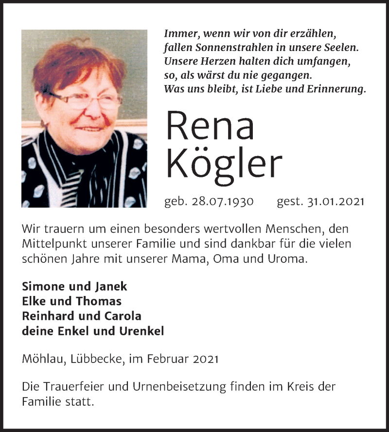 Traueranzeigen Von Rena K Gler Abschied Nehmen De