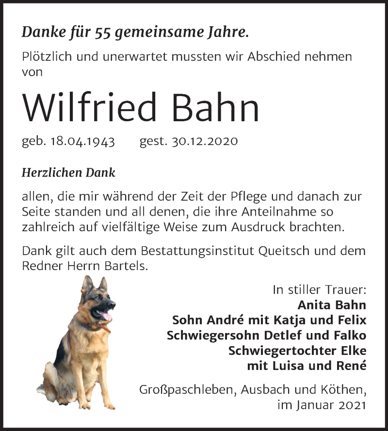 Traueranzeigen Von Wilfried Bahn Abschied Nehmen De