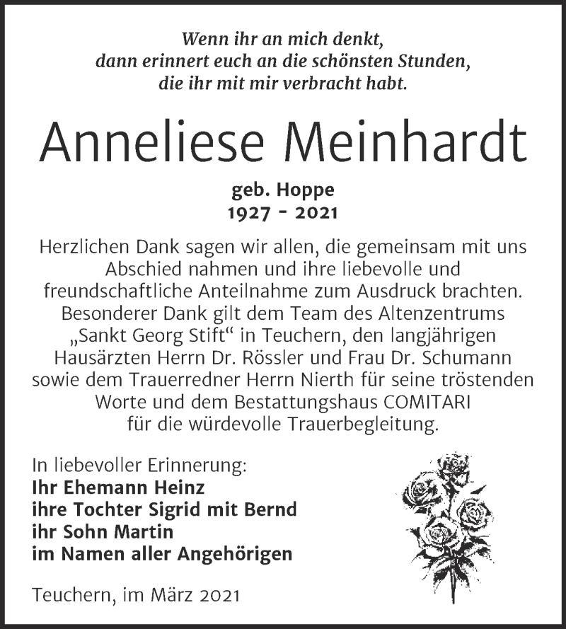 Traueranzeigen Von Anneliese Meinhardt Abschied Nehmen De