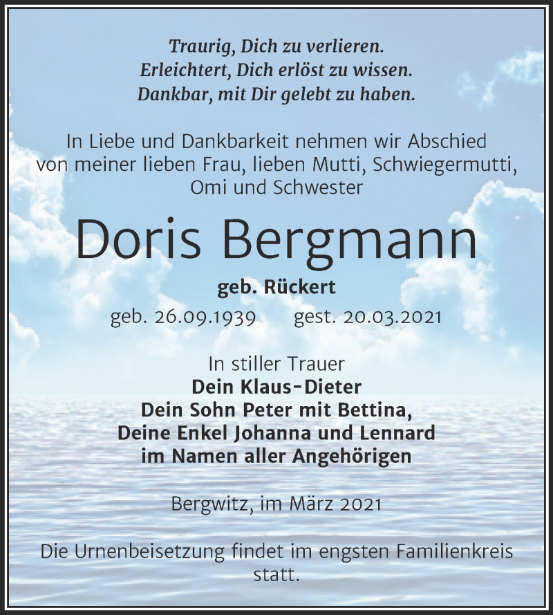 Traueranzeigen Von Doris Bergmann Abschied Nehmen De