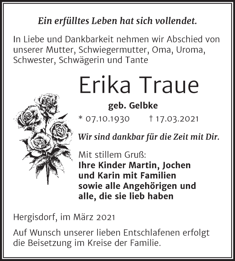 Traueranzeigen Von Erika Traue Abschied Nehmen De