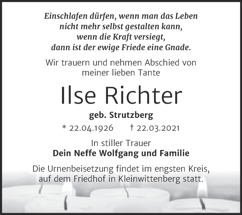 Traueranzeigen Von Ilse Richter Abschied Nehmen De