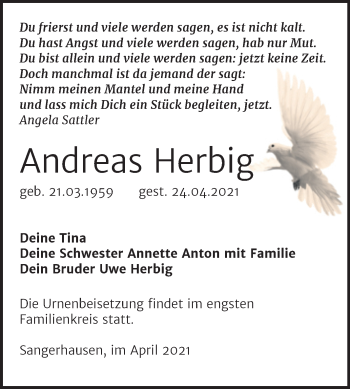 Traueranzeigen Von Andreas Herbig Abschied Nehmen De