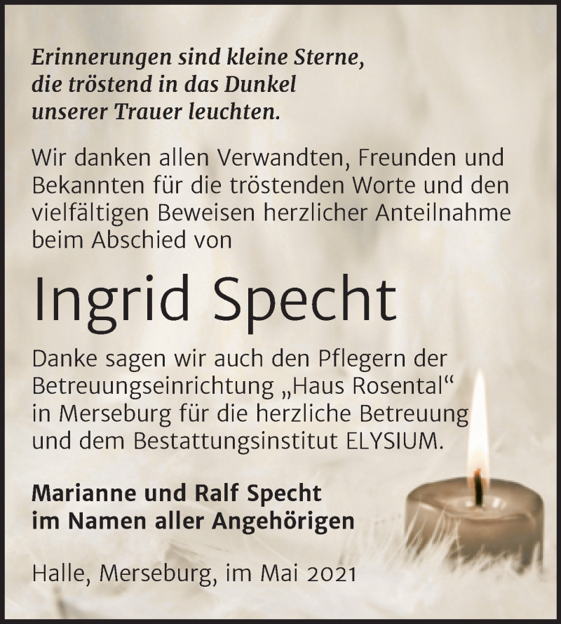 Traueranzeigen Von Ingrid Specht Abschied Nehmen De