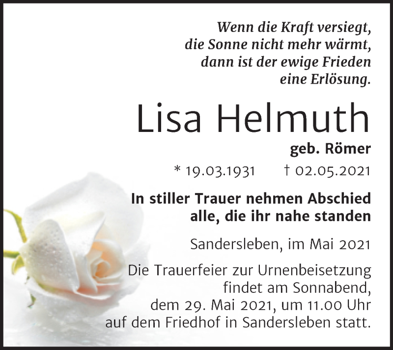 Traueranzeigen Von Lisa Helmuth Abschied Nehmen De