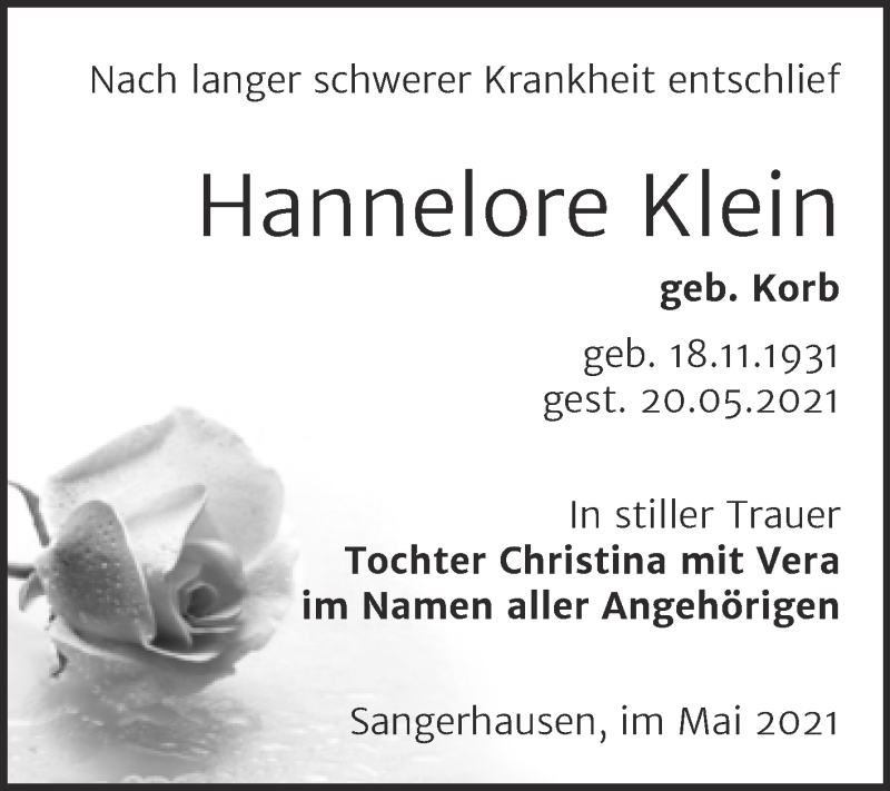 Traueranzeigen Von Hannelore Klein Abschied Nehmen De