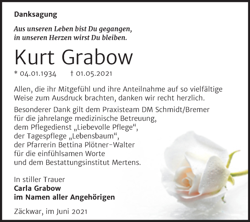 Traueranzeigen Von Kurt Grabow Abschied Nehmen De