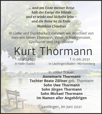 Traueranzeigen Von Kurt Thormann Abschied Nehmen De