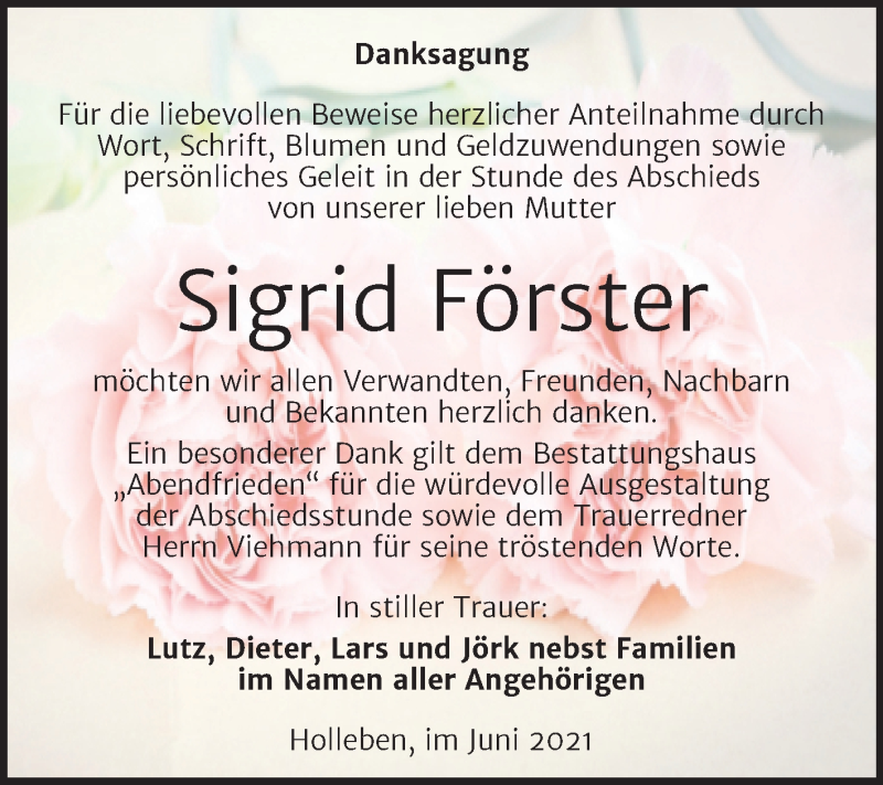 Traueranzeigen von Sigrid Förster abschied nehmen de