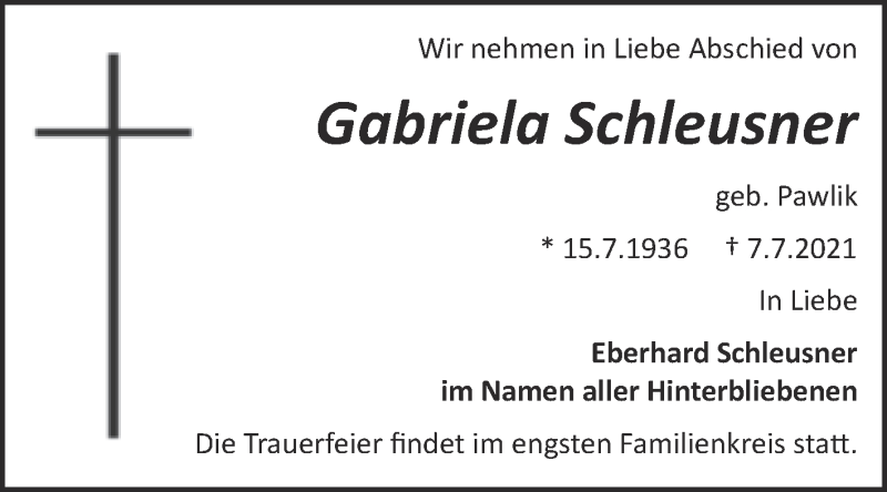 Traueranzeigen Von Gabriela Schleusner Abschied Nehmen De