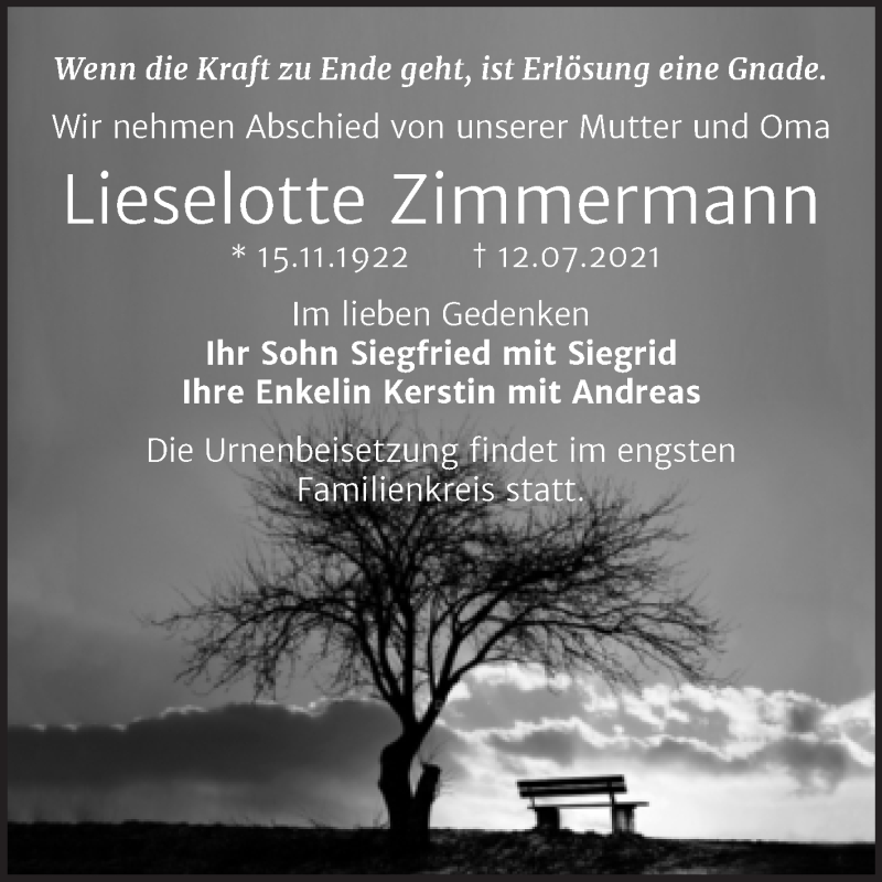 Traueranzeigen Von Lieselotte Zimmermann Abschied Nehmen De