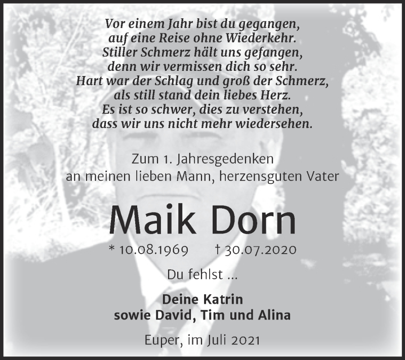 Traueranzeigen Von Maik Dorn Abschied Nehmen De