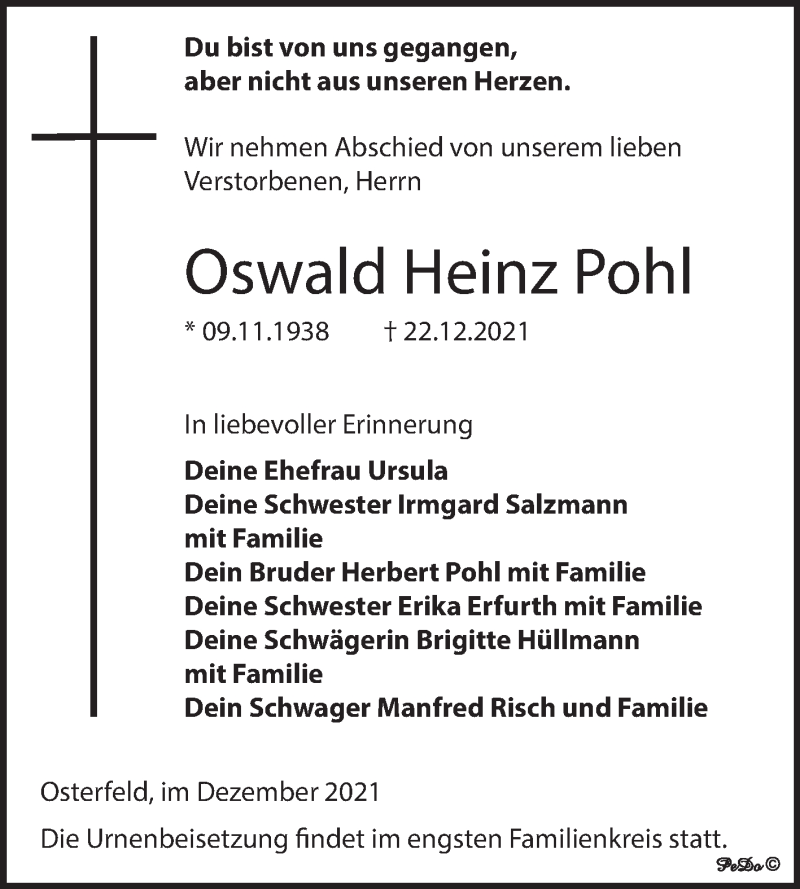 Traueranzeigen Von Oswald Heinz Pohl Abschied Nehmen De