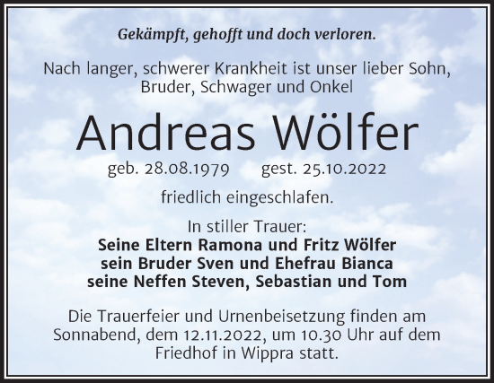 Traueranzeigen von Andreas Wölfer abschied nehmen de