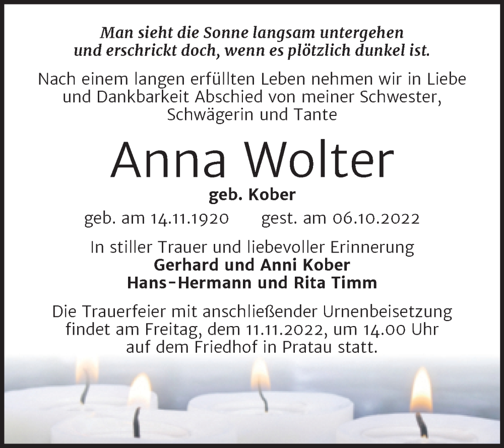 Traueranzeigen Von Anna Wolter Abschied Nehmen De