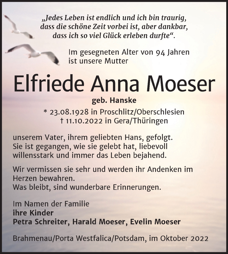 Traueranzeigen Von Elfriede Anna Moeser Abschied Nehmen De