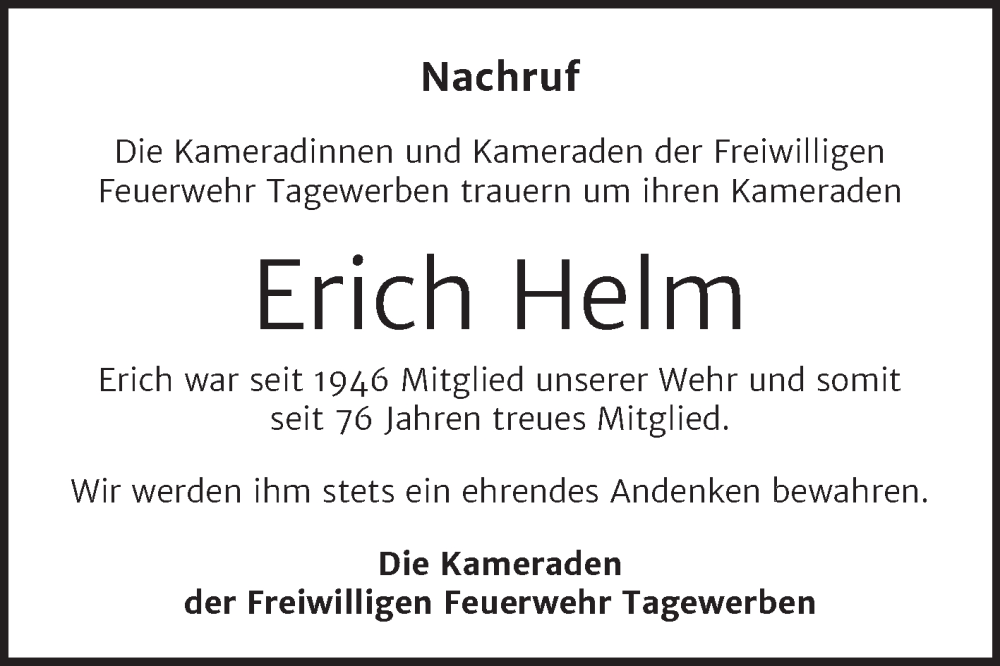 Traueranzeigen Von Erich Helm Abschied Nehmen De