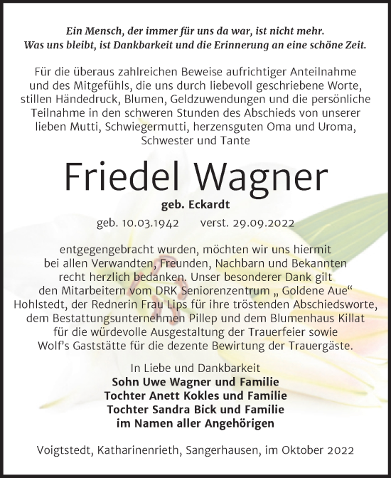 Traueranzeigen Von Friedel Wagner Abschied Nehmen De