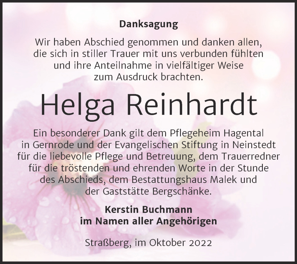 Traueranzeigen Von Helga Reinhardt Abschied Nehmen De