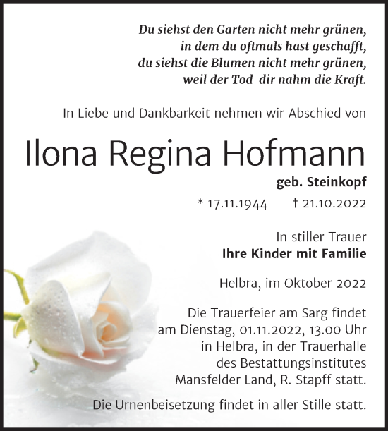 Traueranzeigen Von Ilona Regina Hofmann Abschied Nehmen De