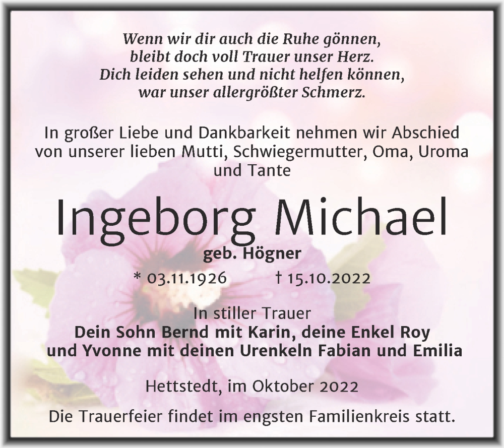 Traueranzeigen Von Ingeborg Michael Abschied Nehmen De