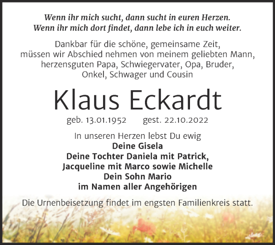 Traueranzeigen Von Klaus Eckardt Abschied Nehmen De