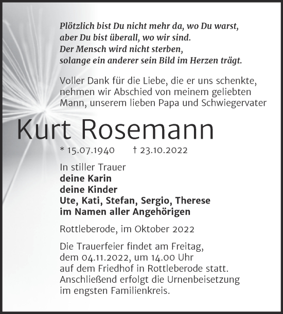 Traueranzeigen Von Kurt Rosemann Abschied Nehmen De