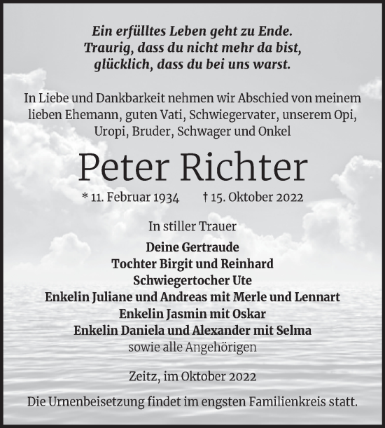 Traueranzeigen Von Peter Richter Abschied Nehmen De