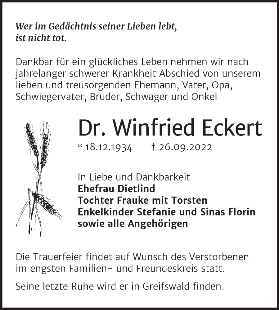 Traueranzeigen Von Winfried Eckert Abschied Nehmen De